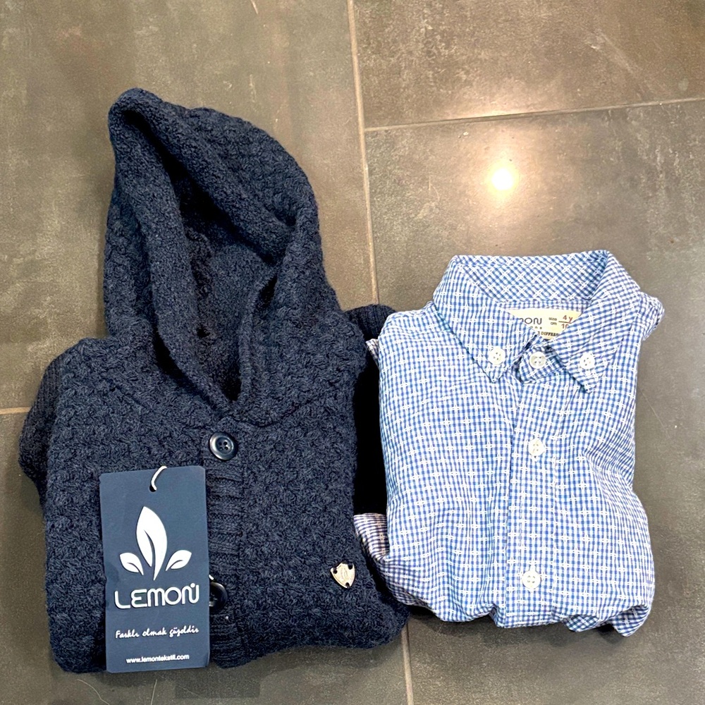 Lemon Navy Hooded Cardigan and Light Blue Checkered Shirt Set